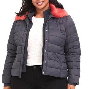 Torrid Size 0X Grey/Pink Faux Fur Puffer‎ Jacket